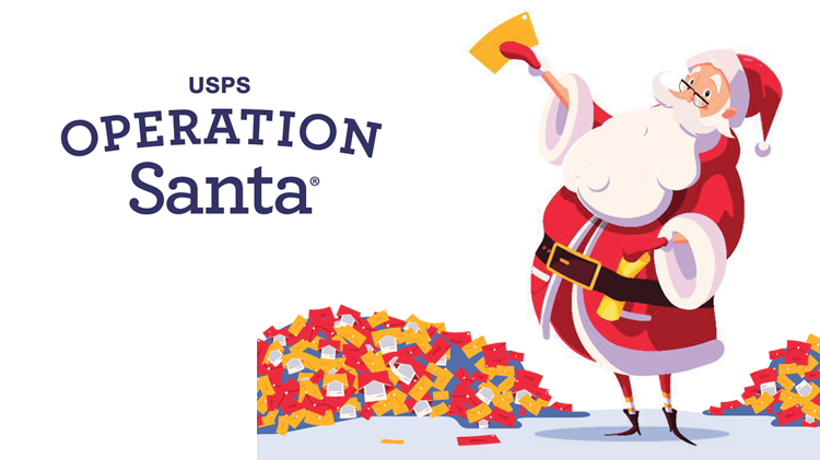 USPS Operation Santa. Illustrated Santa holding a letter standing by piles of letters.